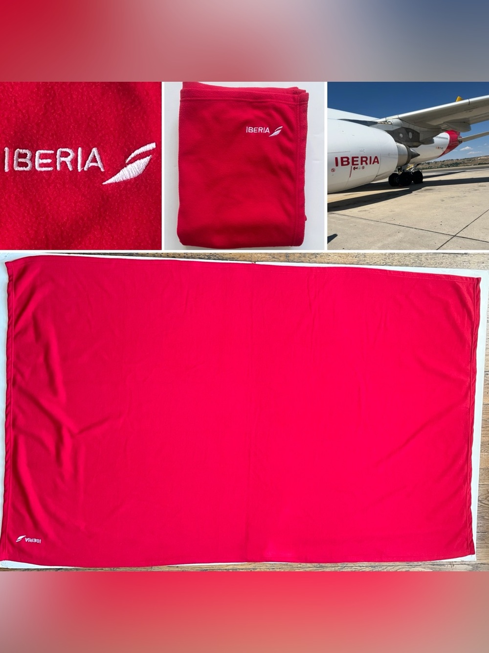 Iberia Airline Cabin Blanket 64in X 39in Red Polyester Fleece Stretch